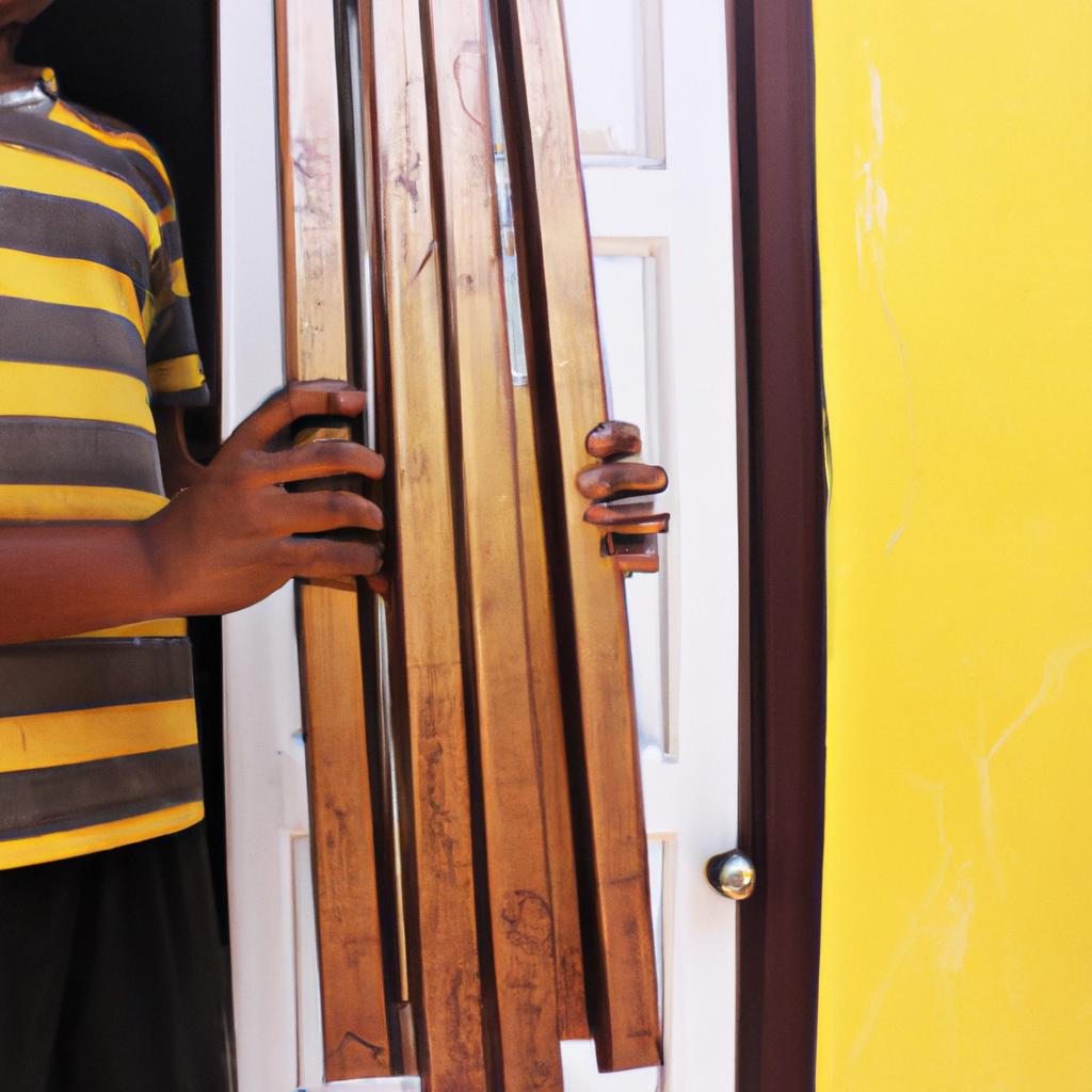 Person holding door frame materials