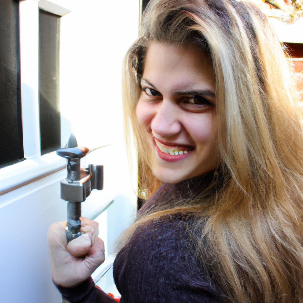 Person holding door hinge, smiling