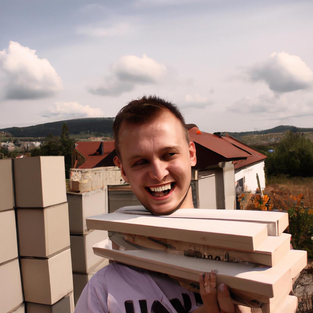 Person holding construction materials, smiling