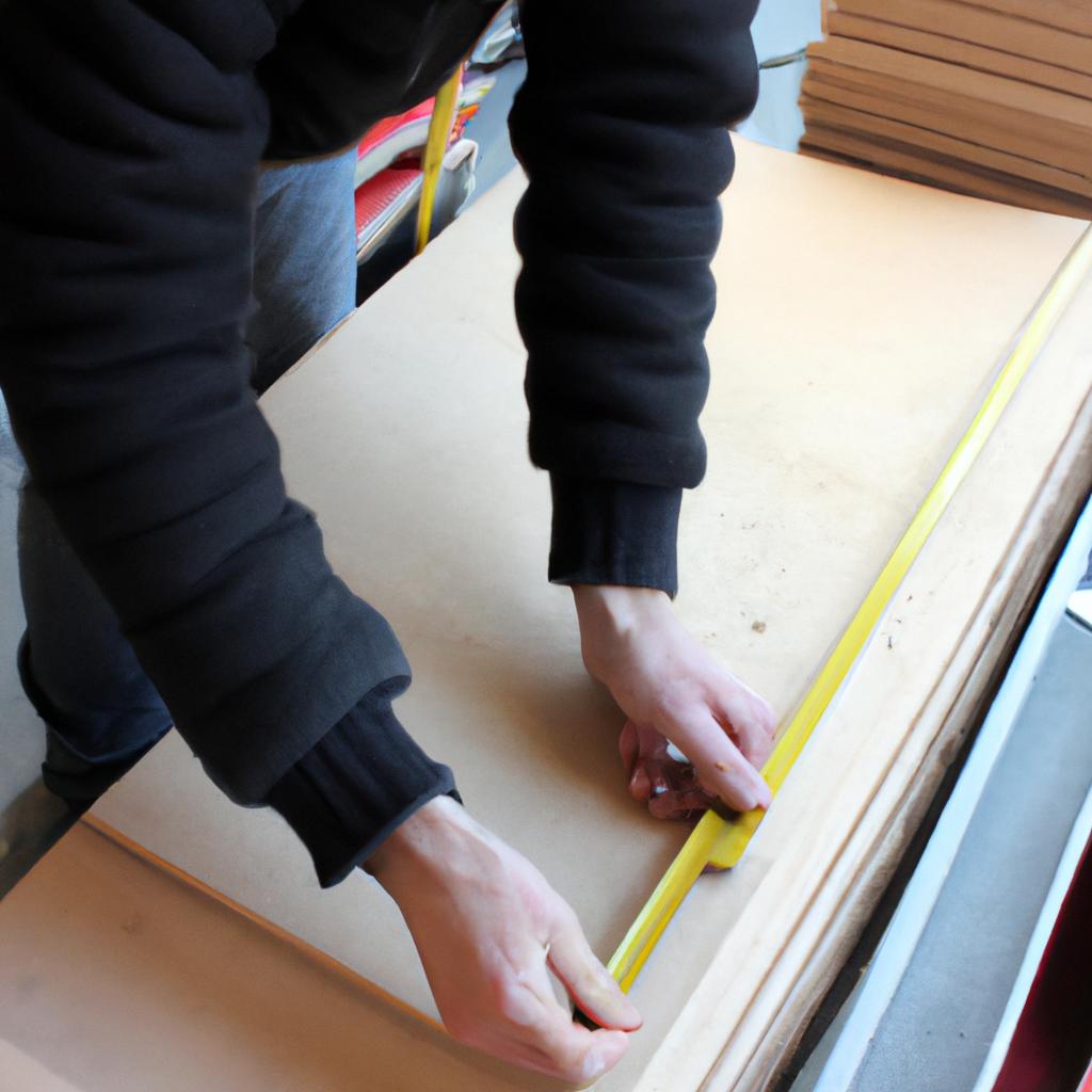Person measuring plywood at store