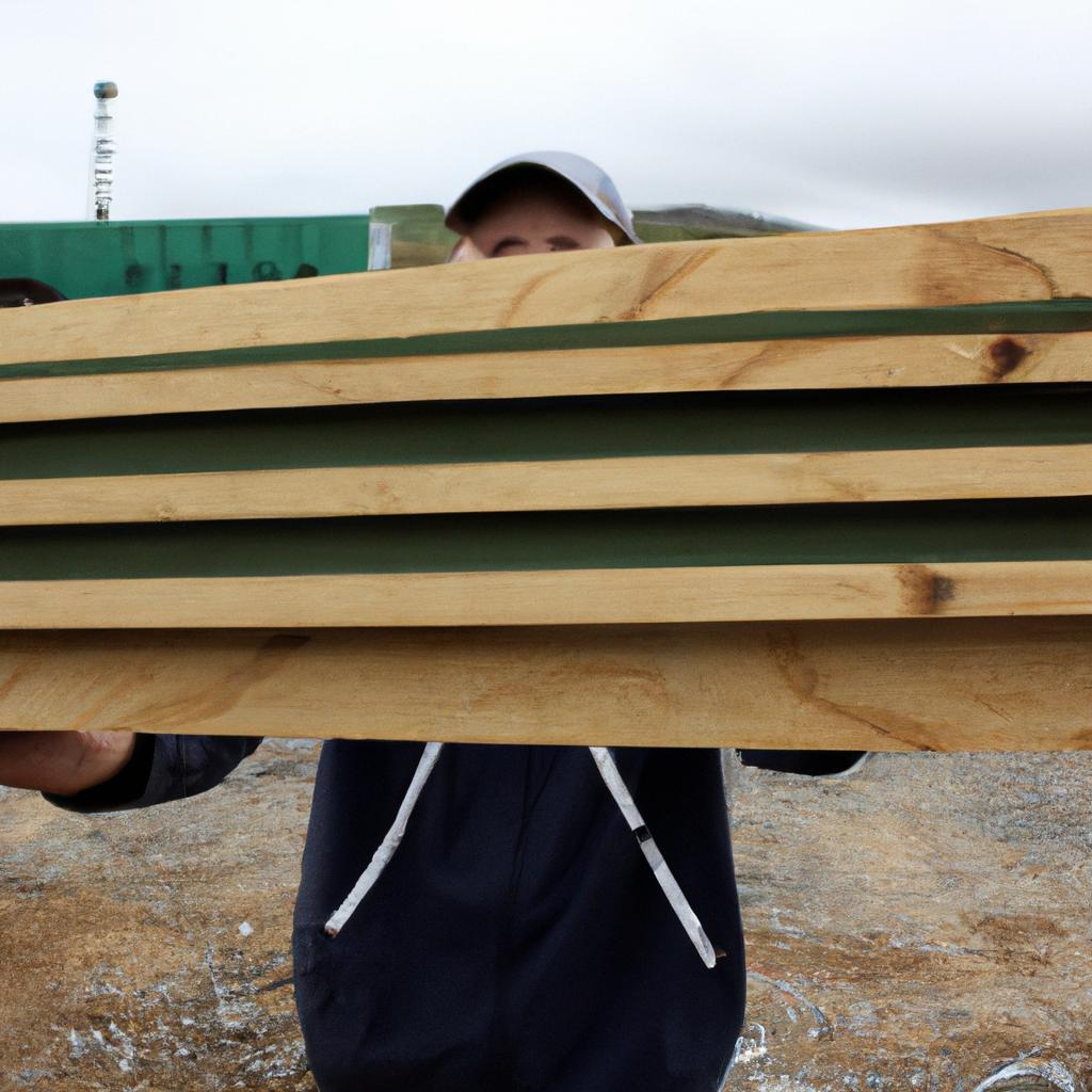 Person holding plywood, construction site