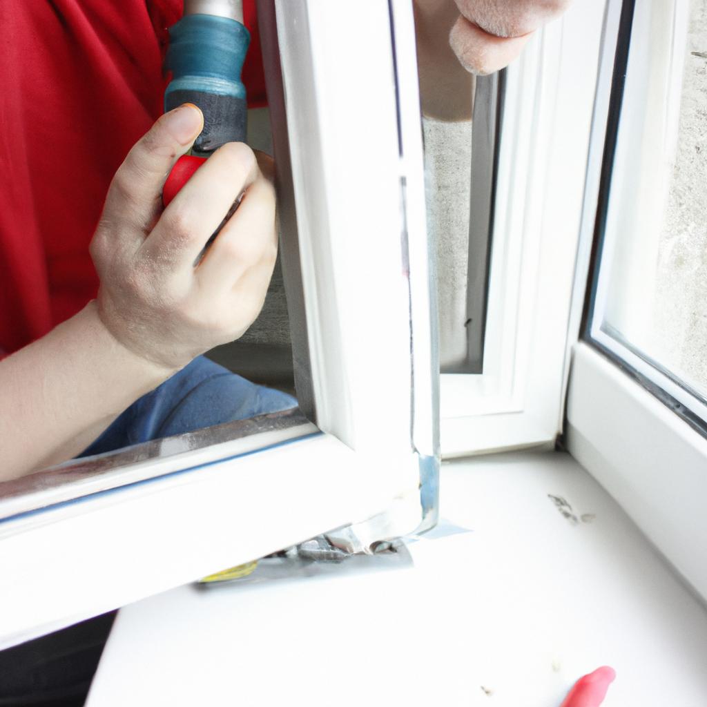 Person repairing a window frame